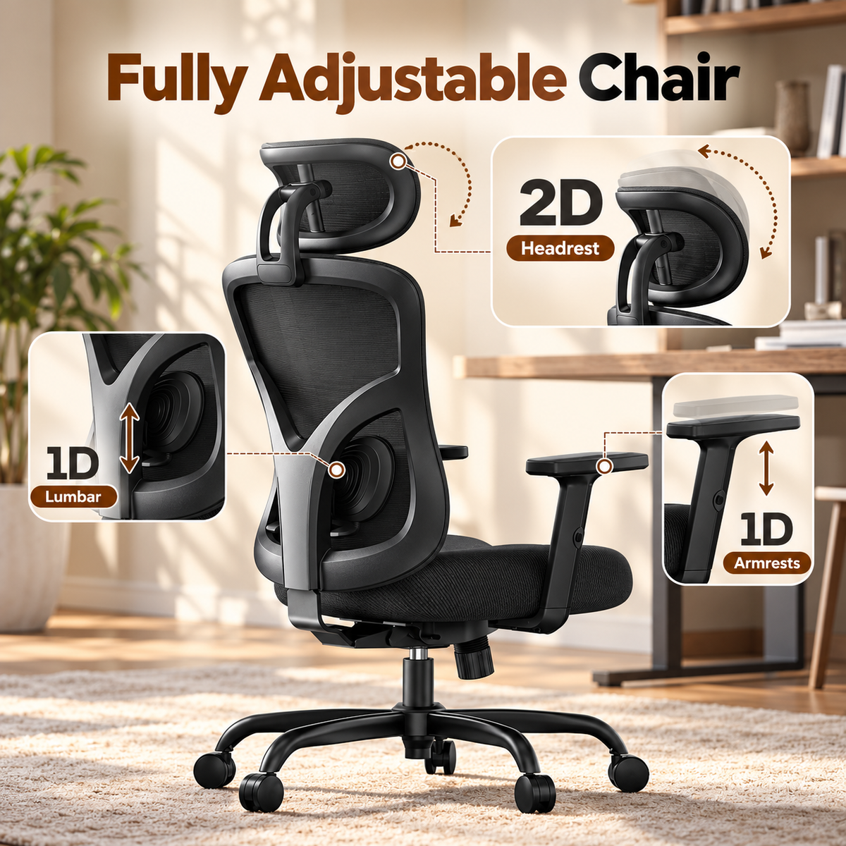 Ergonomic chair with 2D adjustable headrest, adjustable lumbar support, and height-adjustable armrests