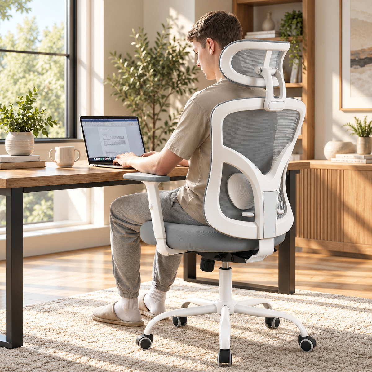 Grey high-back mesh ergonomic office chair with adjustable headrest and lumbar support
