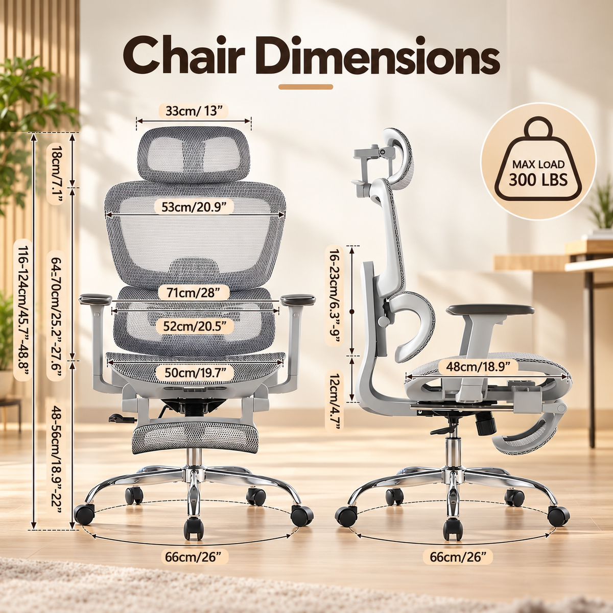 Mesh ergonomic chair dimensions graphic with 300 lb max load, seat and headrest measurements