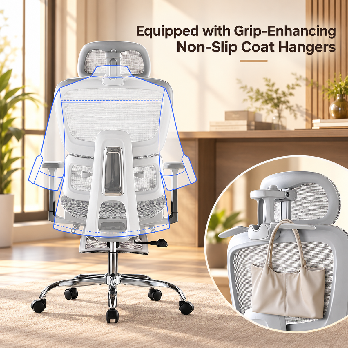 Non-slip coat hangers on the headrest of the grey mesh chair holding a bag