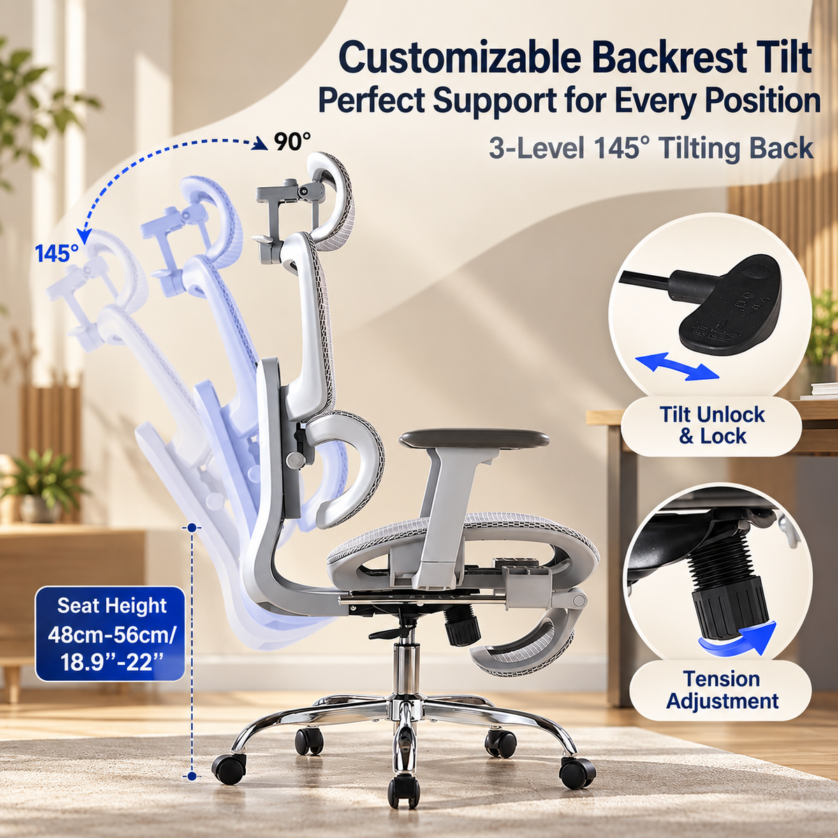 Customizable backrest tilt from 90 to 145 degrees with tilt lock and tension adjustment