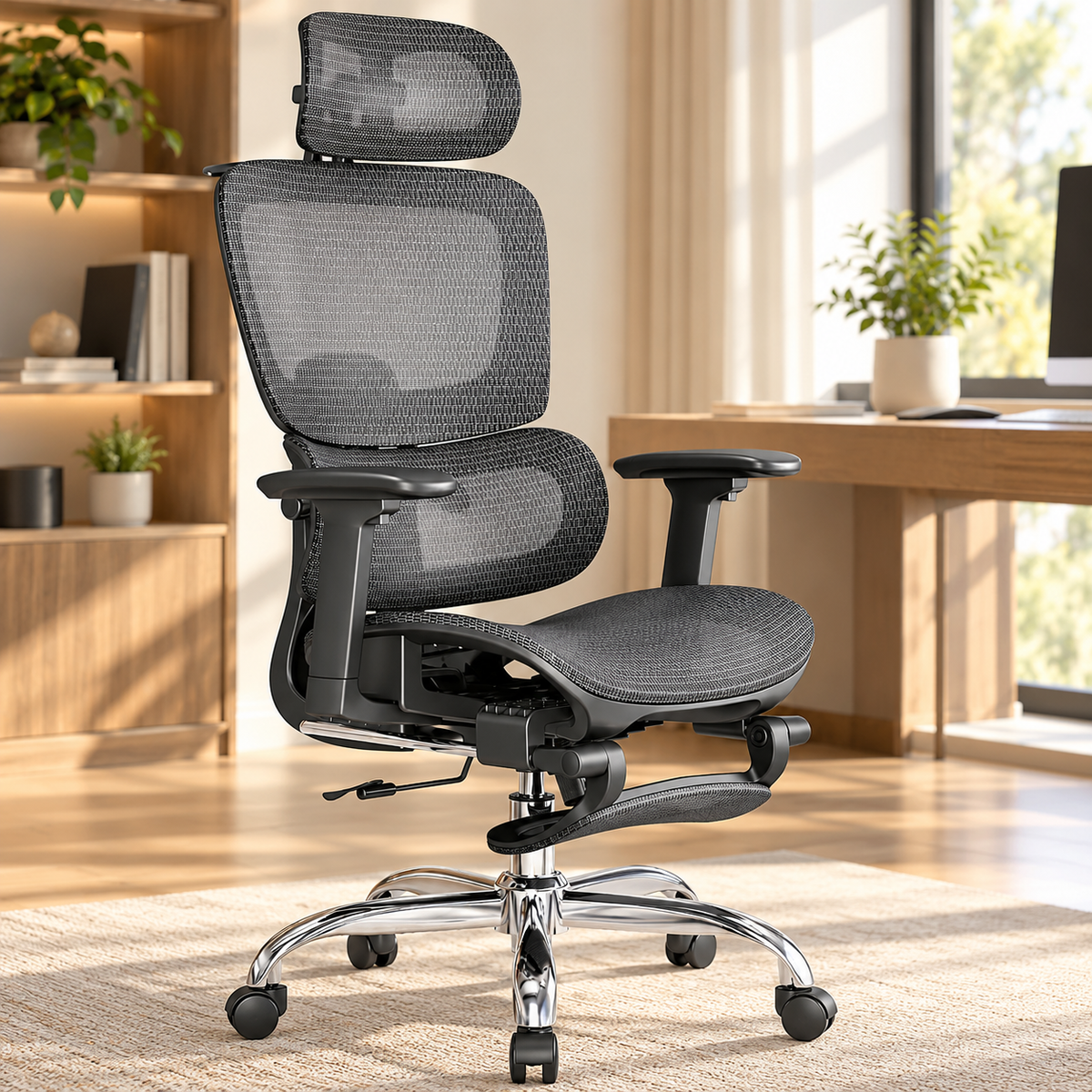 Black mesh ergonomic office chair with headrest, 3D armrests, footrest and chrome base in a home office