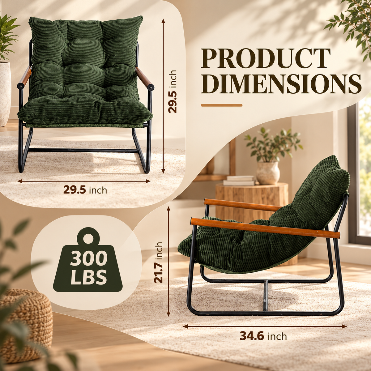 Product dimensions: 29.5 inch wide, 34.6 inch deep, 29.5 inch tall sling chair with 300 lb capacity