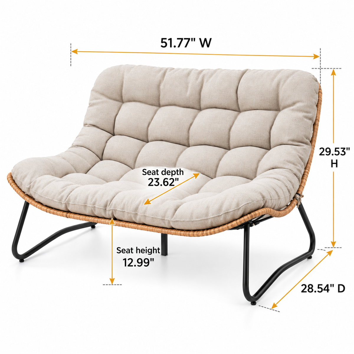 Outdoor loveseat dimensions: 51.77 in W x 28.54 in D x 29.53 in H; seat depth 23.62 in, seat height 12.99 in