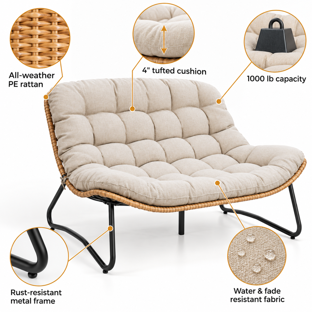 All-weather PE rattan, 4 in tufted cushion, 1000 lb capacity, rust-resistant metal frame, water and fade resistant fabric