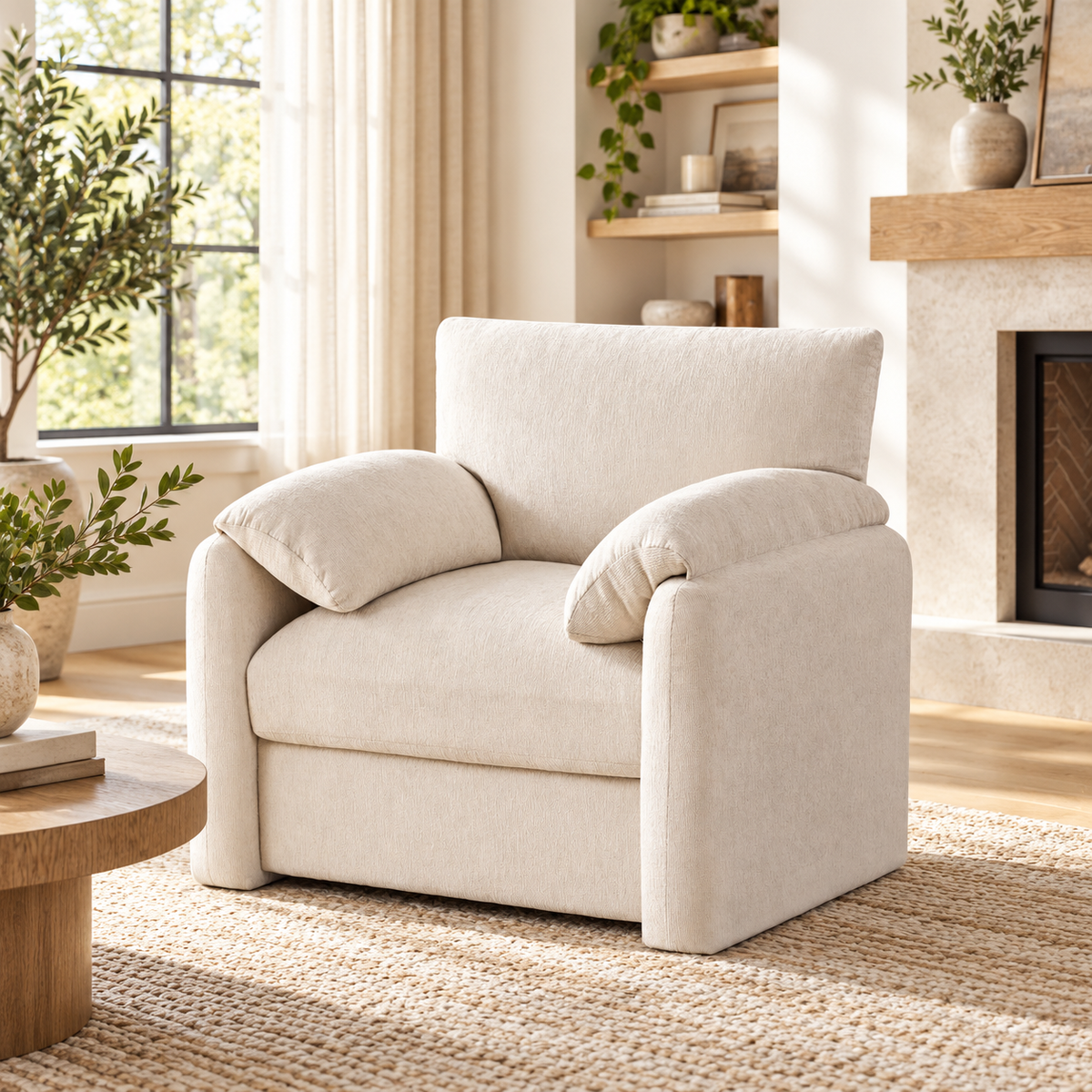 Oversized cream chenille reading armchair with plush pillow arms beside a fireplace