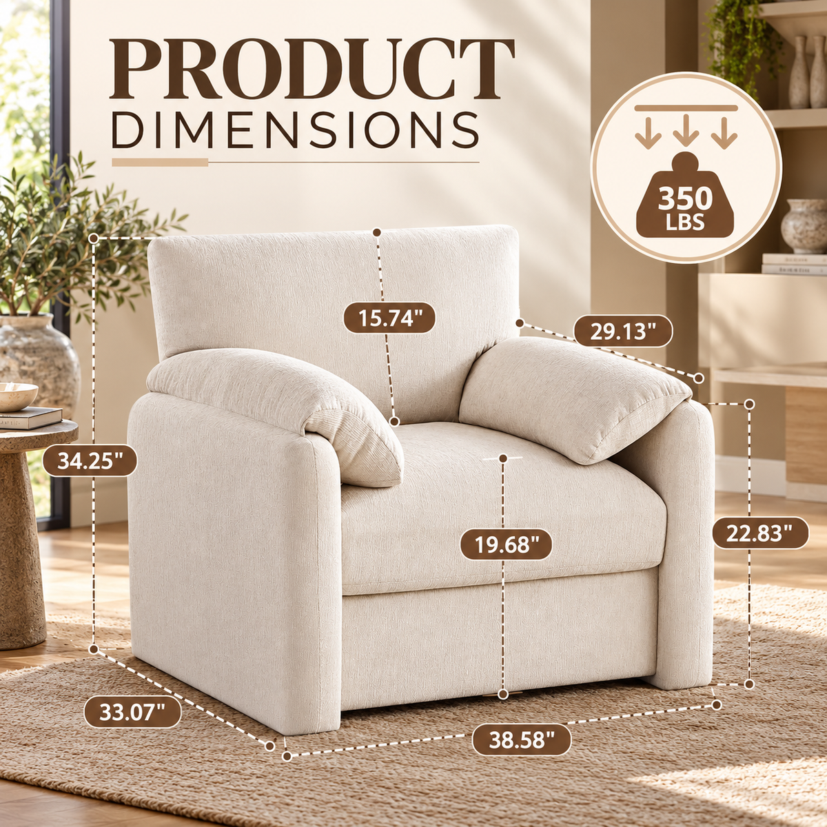 Product dimensions: 38.58 x 33.07 x 34.25 inch armchair, 19.68 inch seat height, 350 lb capacity