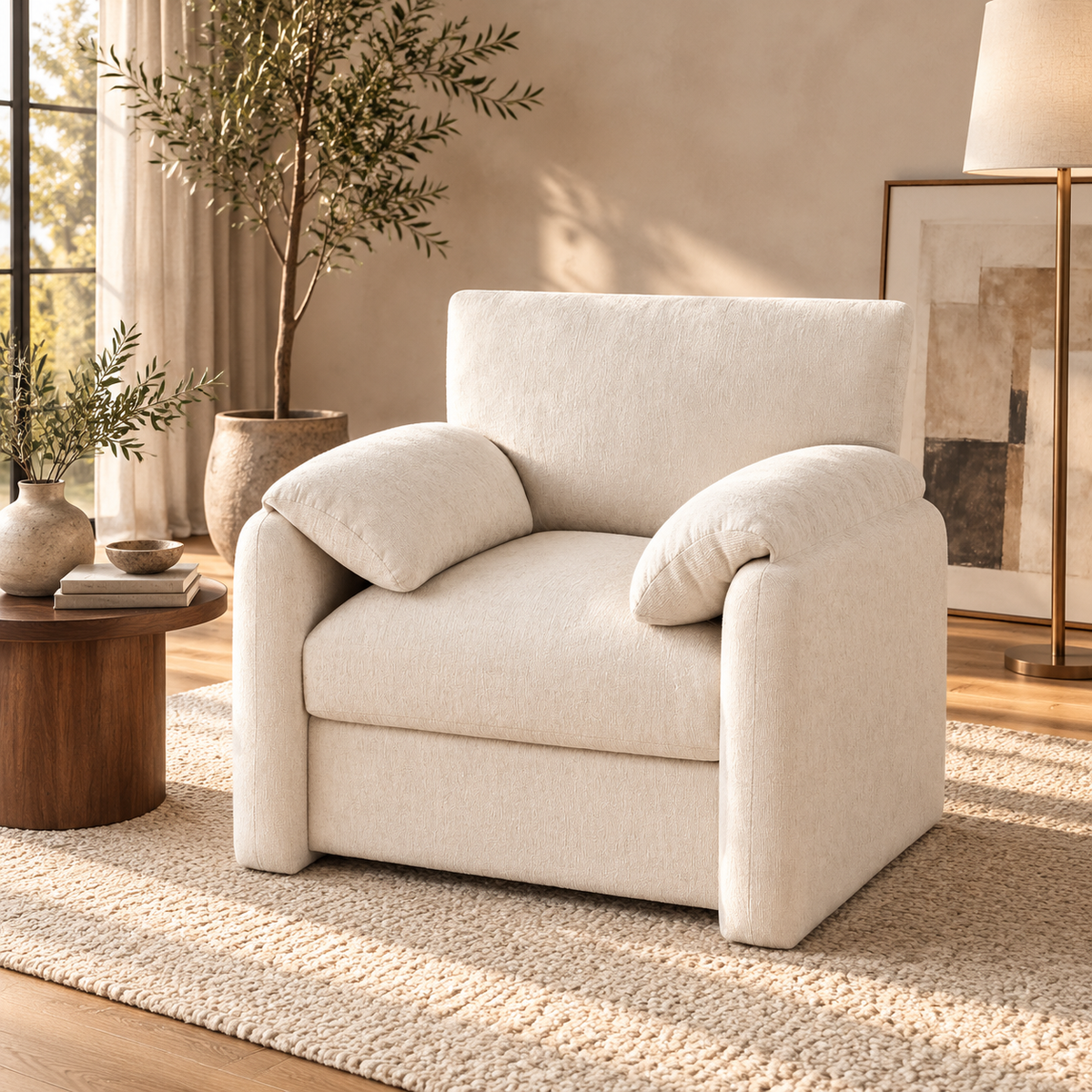 Extra-wide cream accent armchair with rounded arms in a bright living room