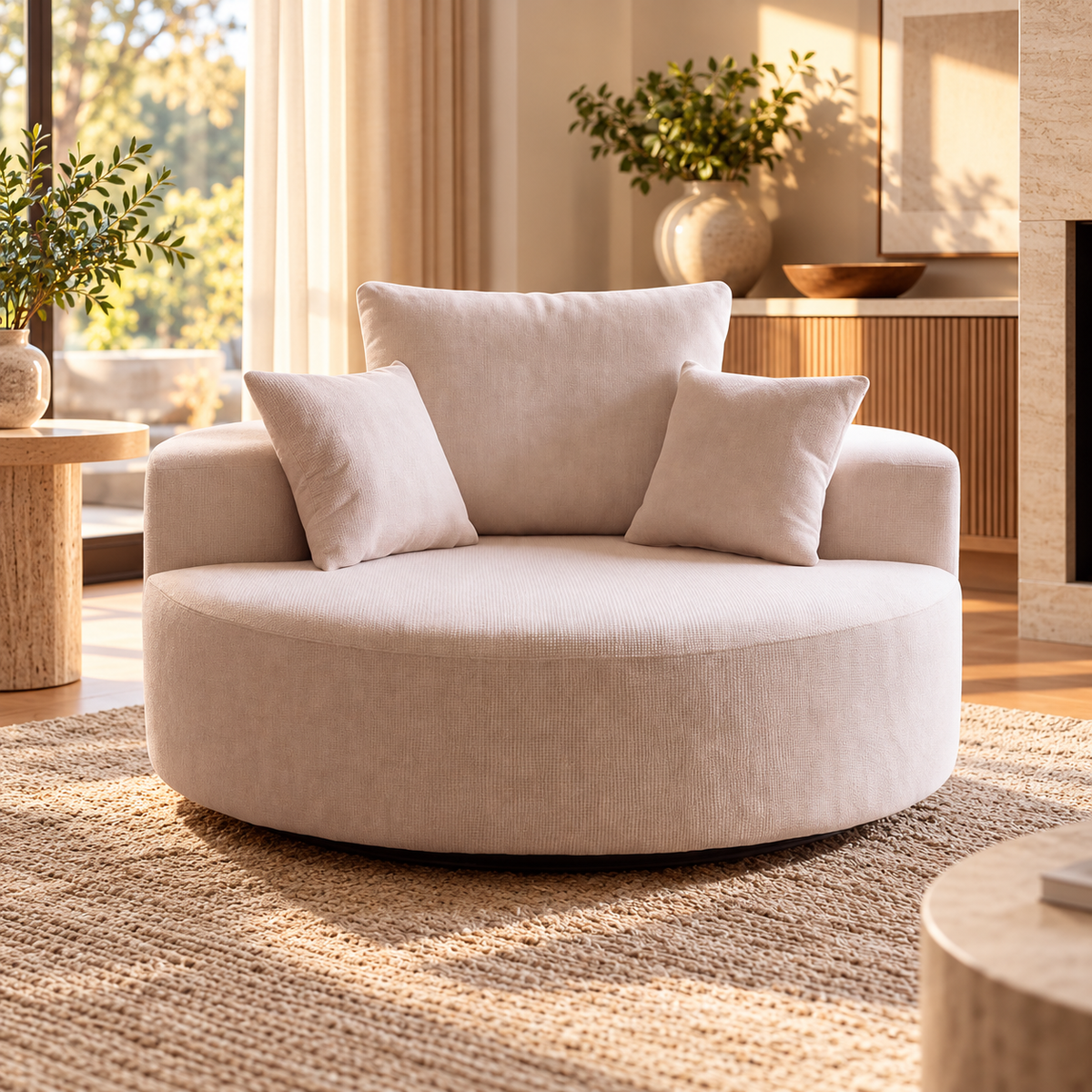 Oversized round swivel chair in cream fabric with three pillows in a sunlit living room