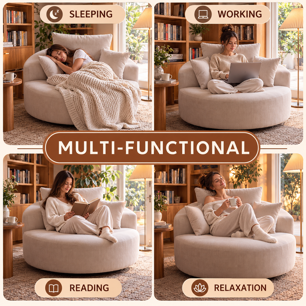 Multi-functional round chair for sleeping, working, reading and relaxing