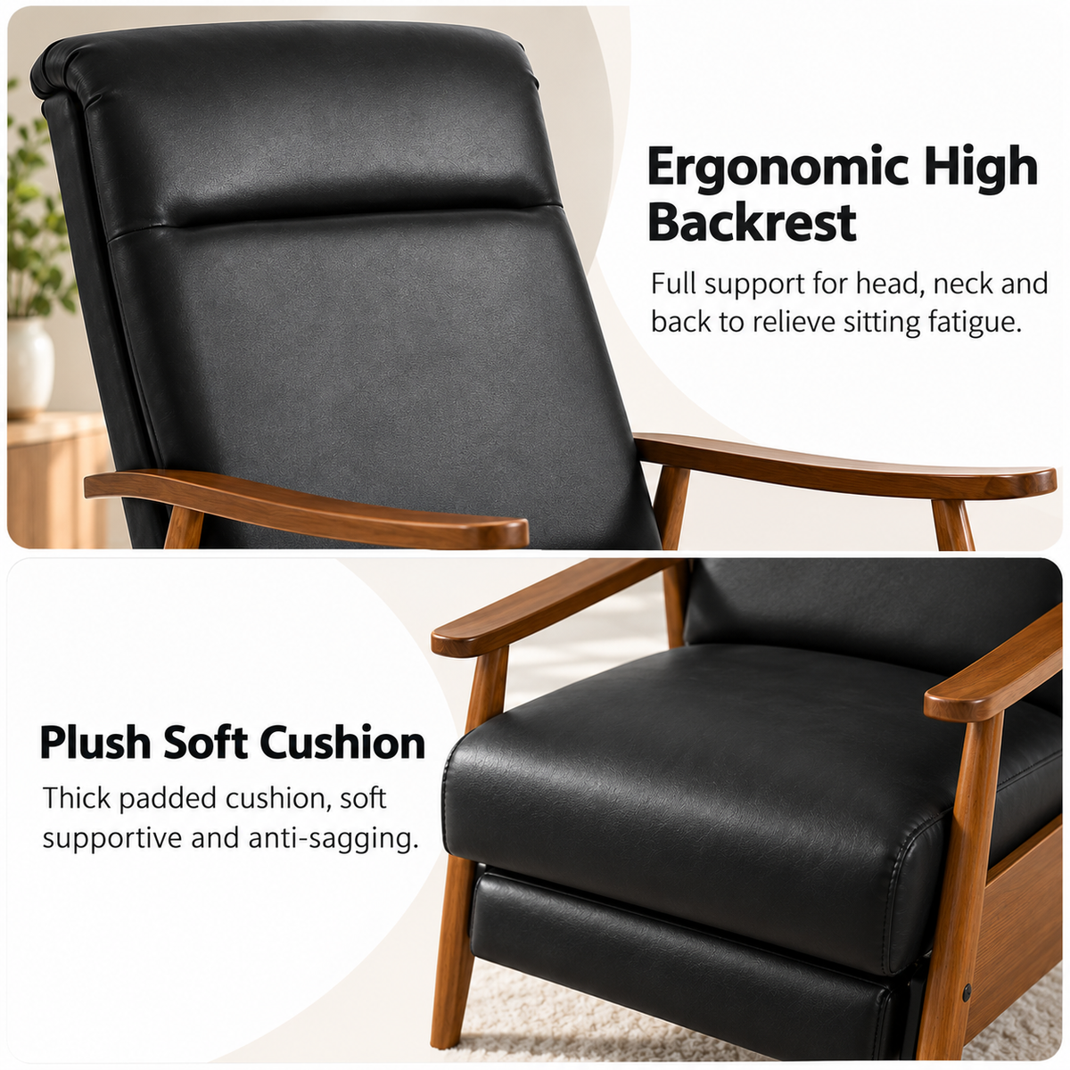 Ergonomic high backrest and plush thick seat cushion of the recliner armchair