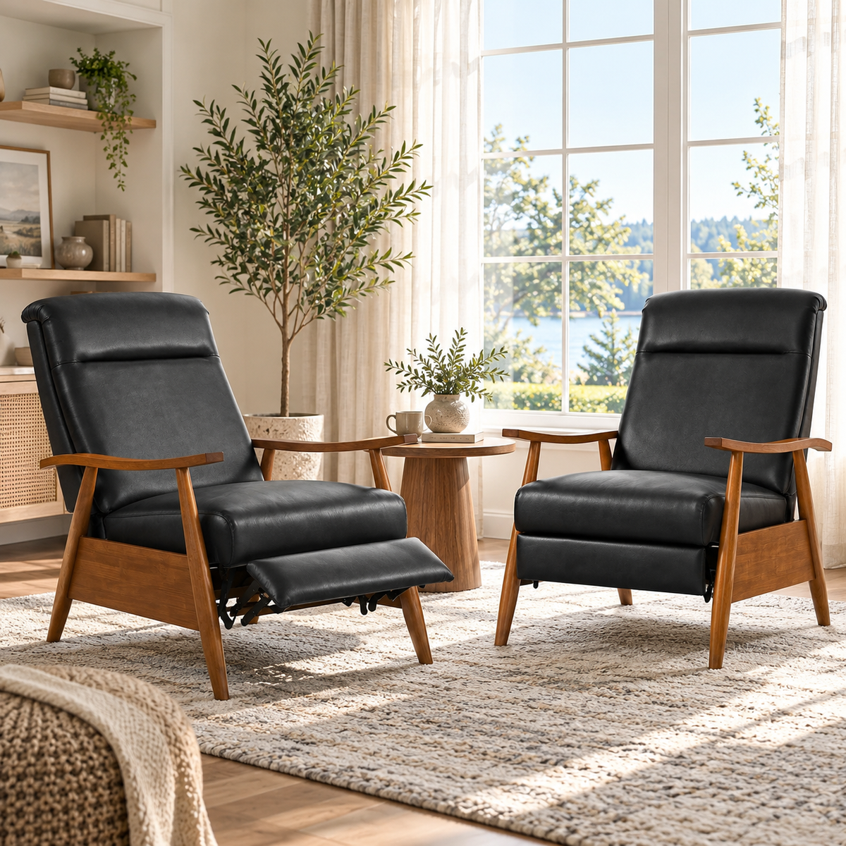 Two black recliner armchairs, one reclined and one upright, in a bright living room