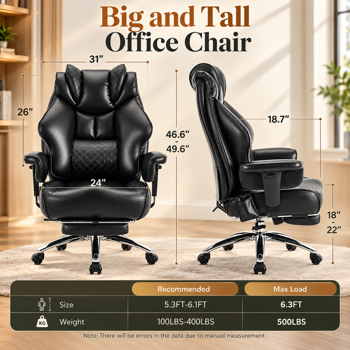 Reclining Big & Tall Executive Office Chair dimensions and recommended user size