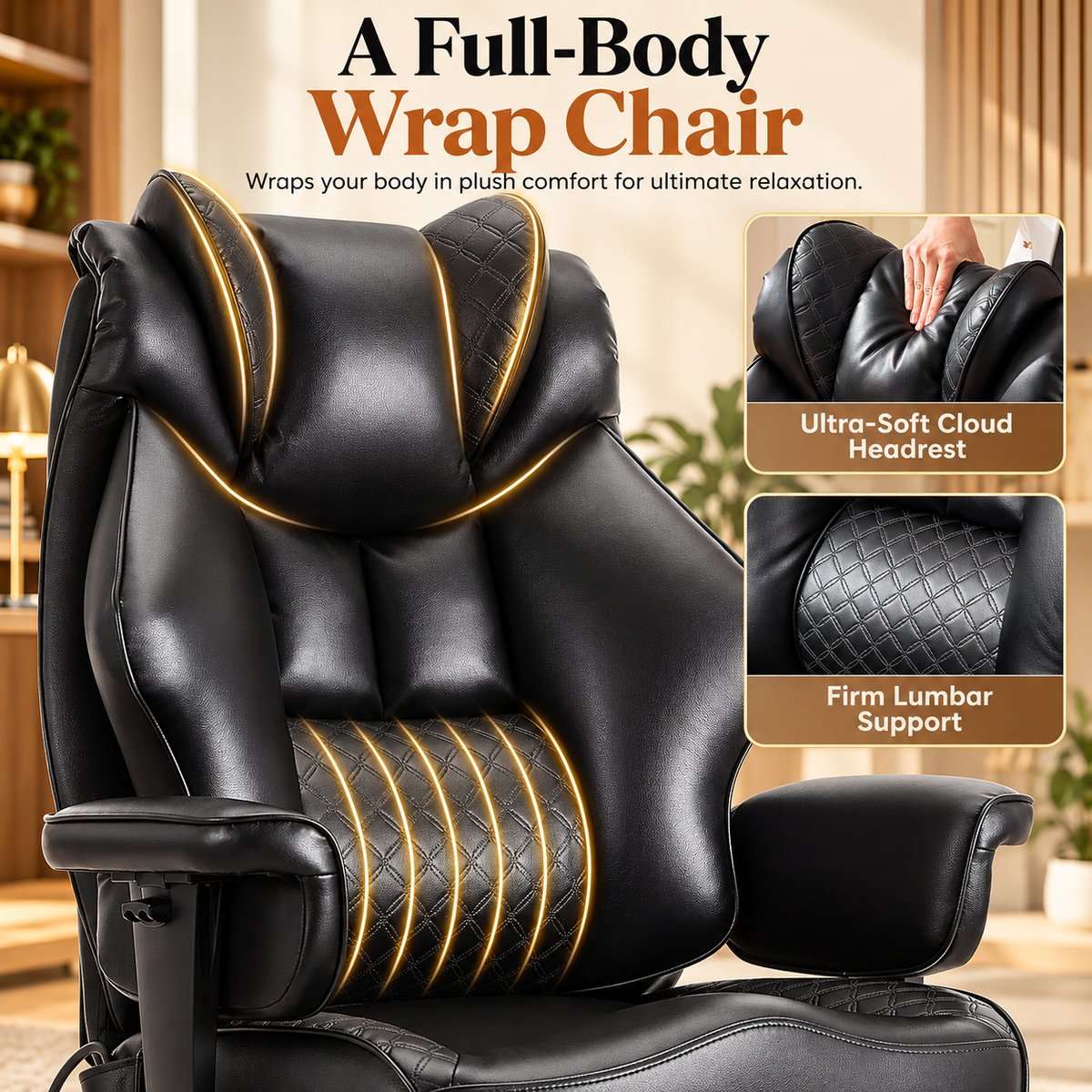 Full-body wrap design with headrest and adjustable air lumbar support
