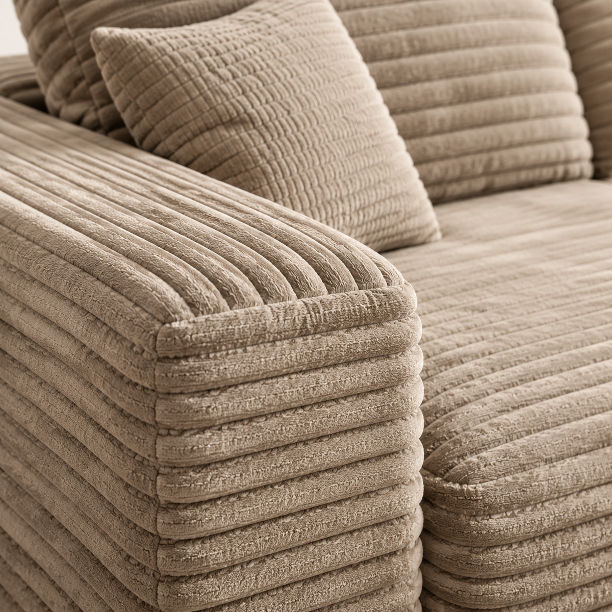 Close-up of the plush ribbed fabric on the wide arm and pillow