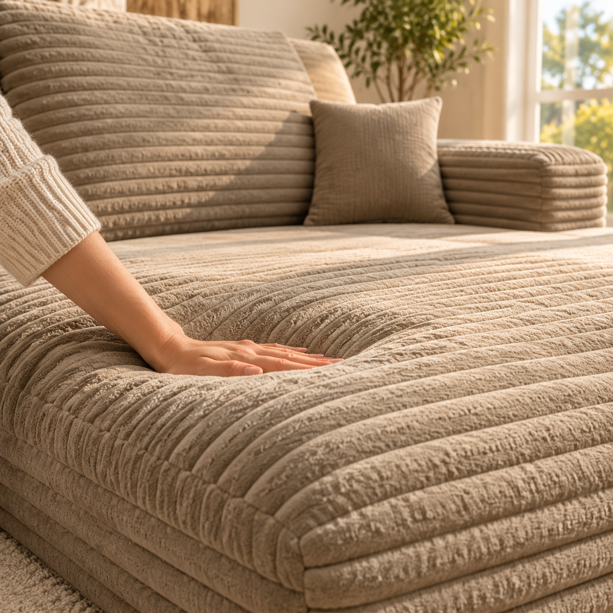 Hand pressing into the soft foam chaise cushion