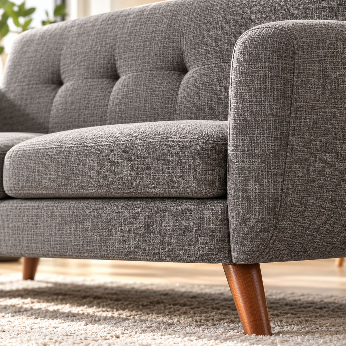 Close-up of gray linen-look tufted fabric, seat cushion and tapered wood leg