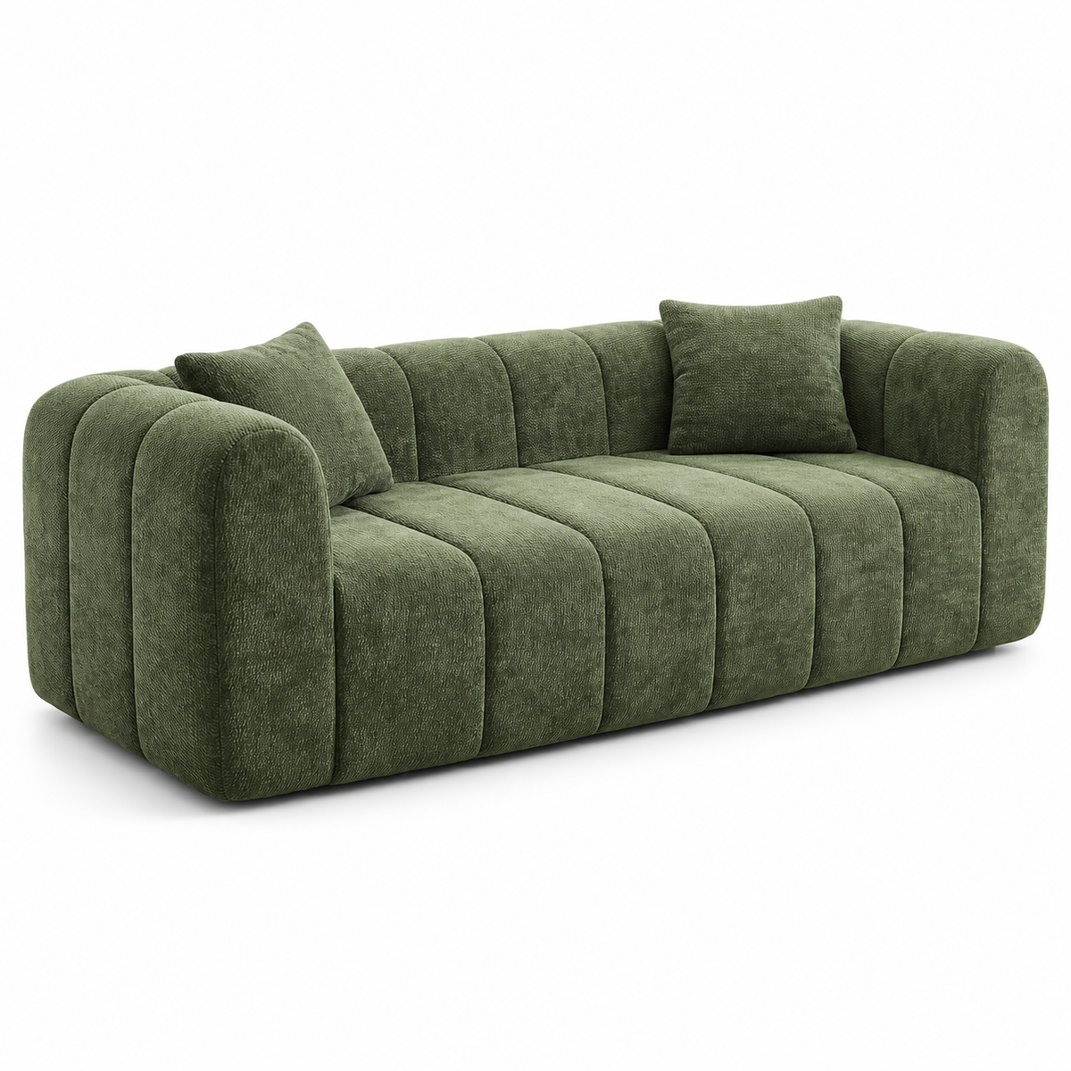 Green channel-tufted chenille boneless cloud couch with rounded arms and two pillows
