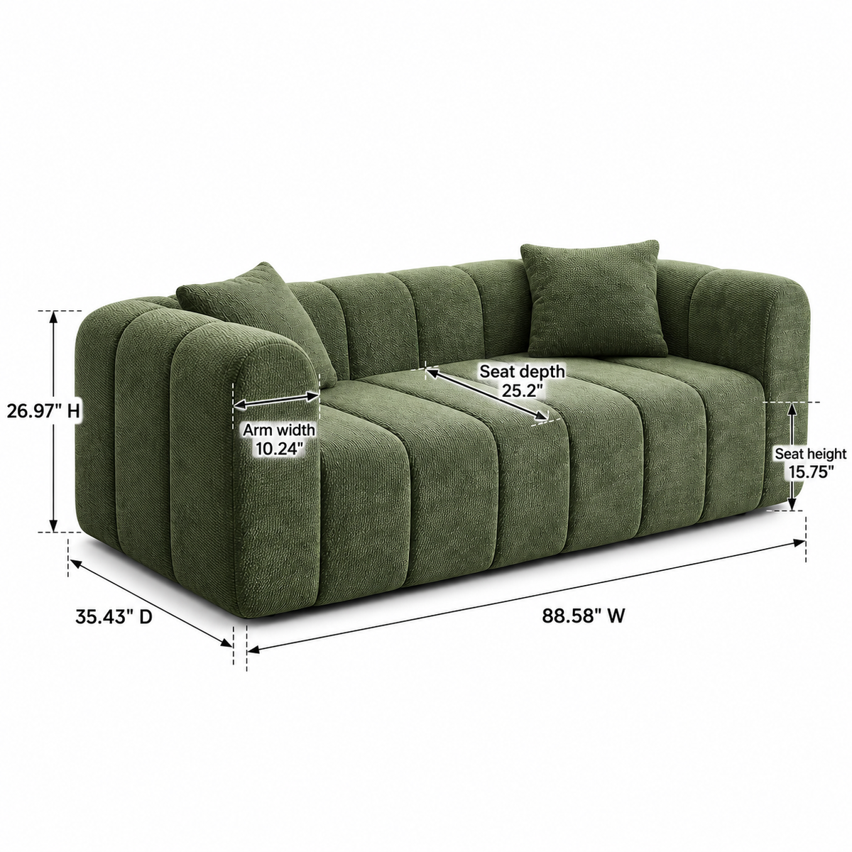 Couch dimensions: 88.58 in W x 35.43 in D x 26.97 in H; seat depth 25.2 in, seat height 15.75 in, arm width 10.24 in