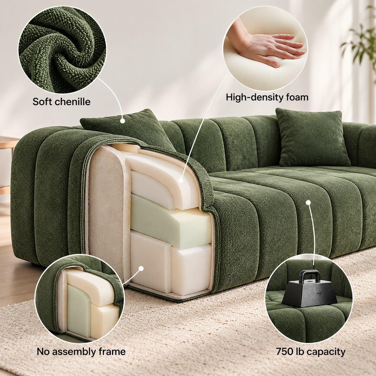 Cutaway of all high-density foam construction with soft chenille cover, no frame to assemble; 750 lb capacity
