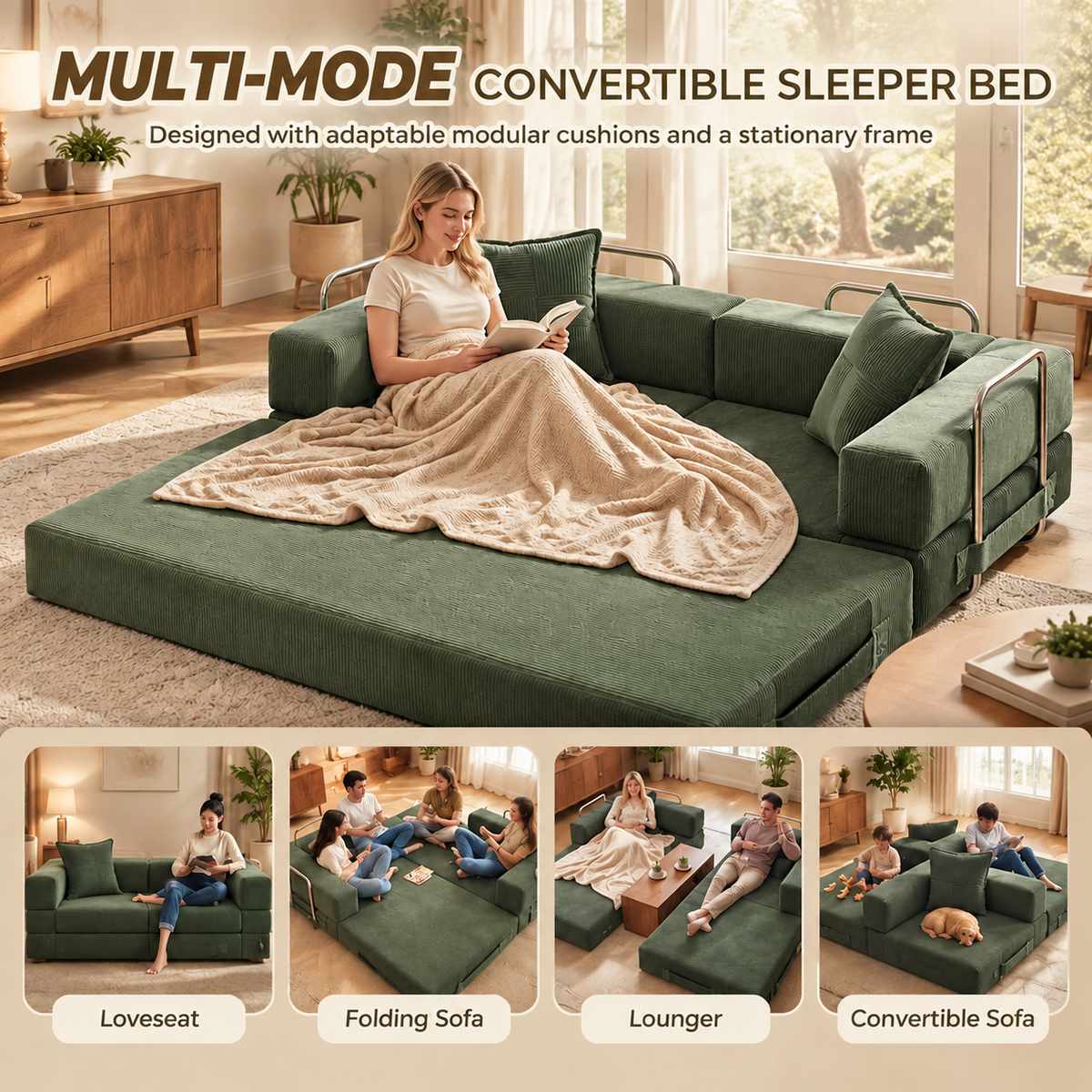 Multi-mode convertible sleeper bed with modular cushions: loveseat, folding sofa, lounger and convertible sofa