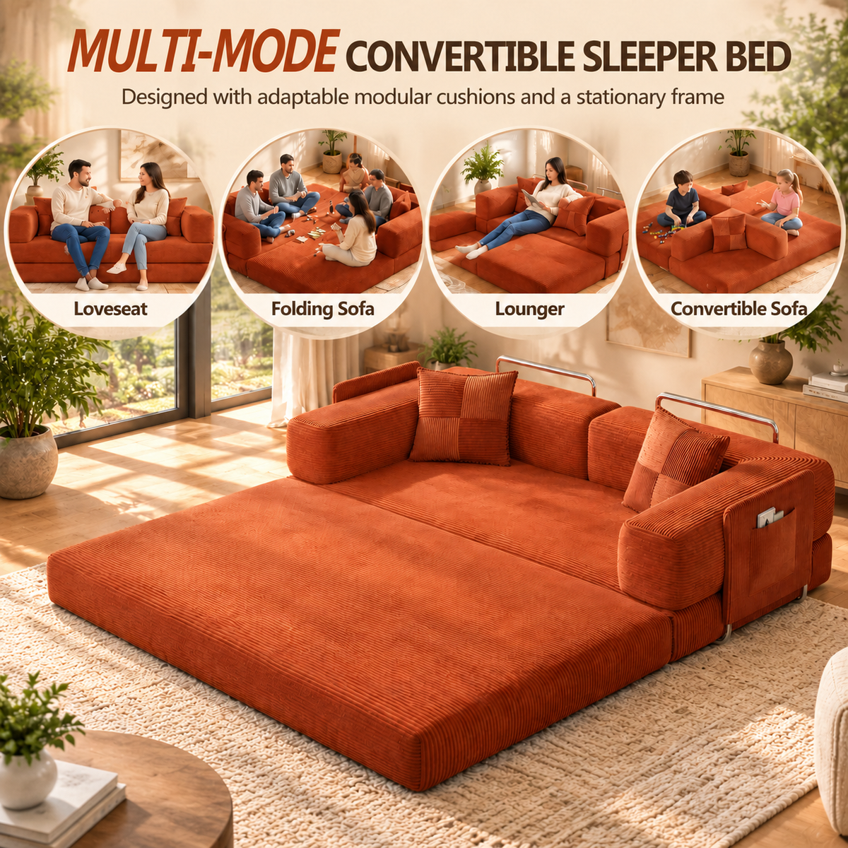 Multi-mode convertible sleeper bed: loveseat, folding sofa, lounger and convertible sofa
