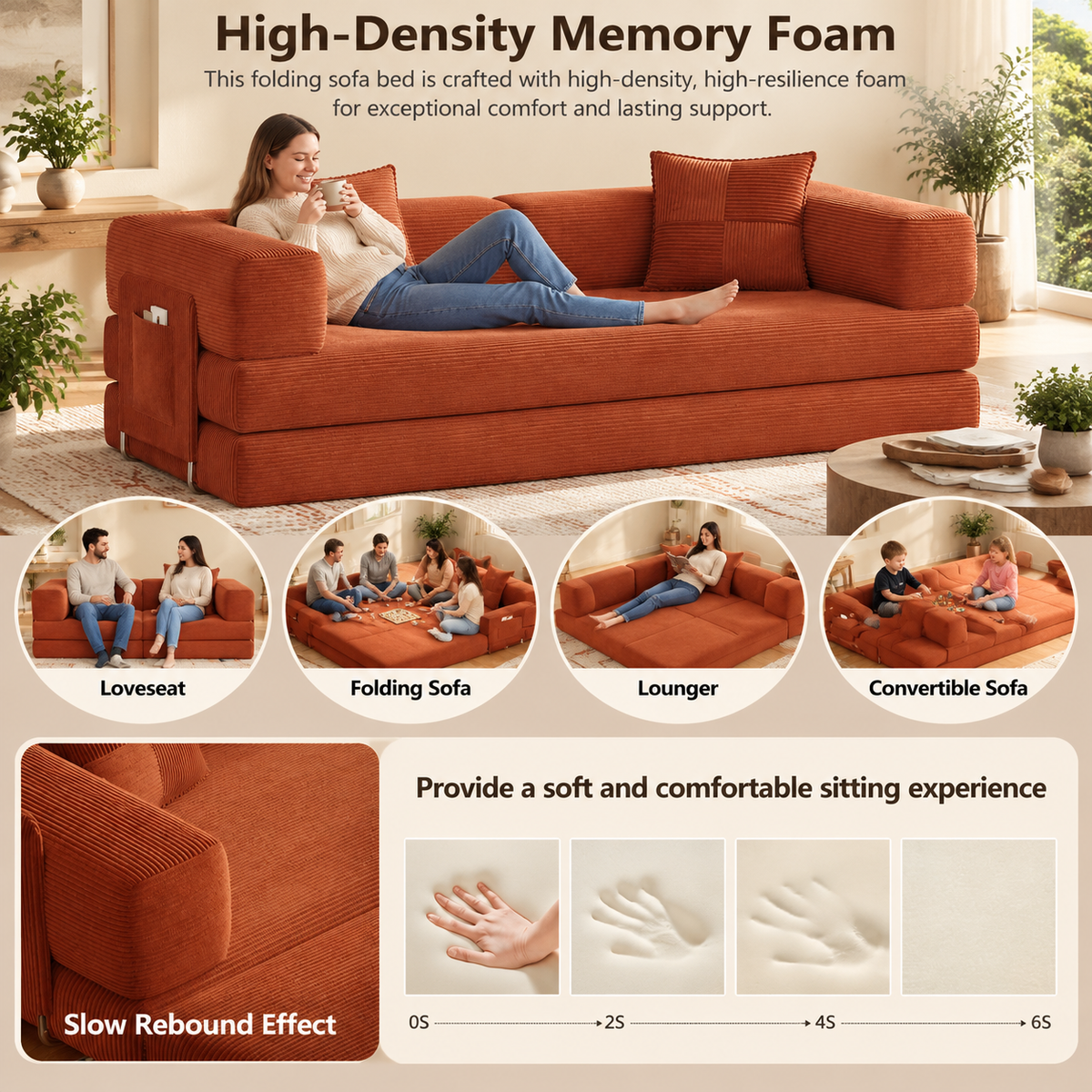 High-density, high-resilience foam with slow rebound for soft, supportive seating
