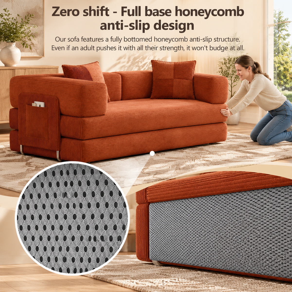 Full-base honeycomb anti-slip bottom keeps the futon from shifting