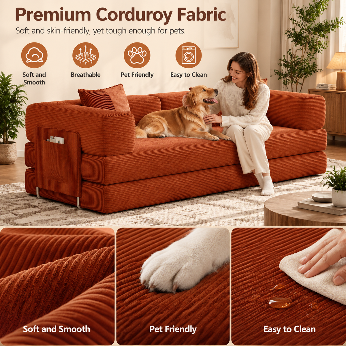 Soft, breathable, pet-friendly, easy-to-clean corduroy with a dog on the sofa