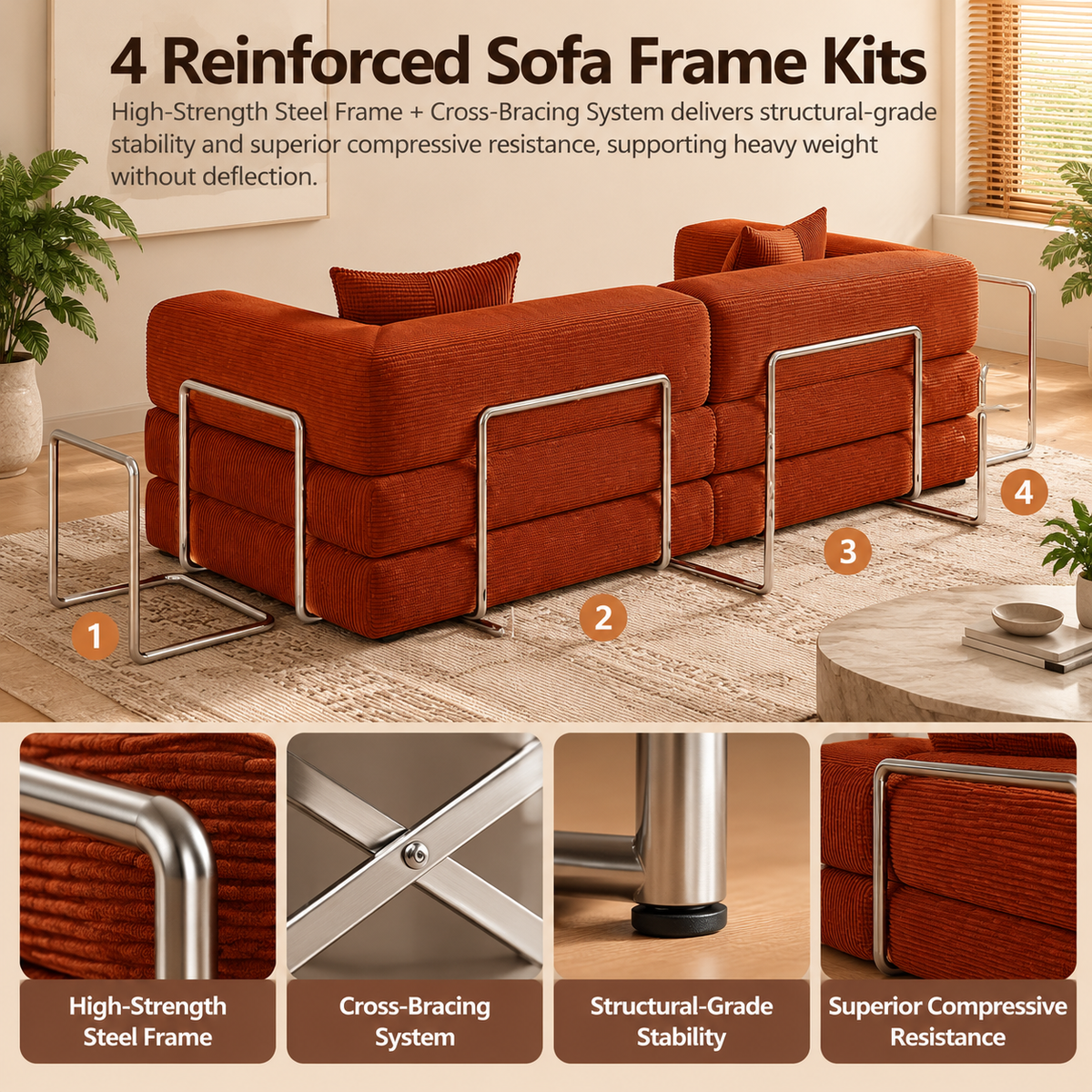 4 reinforced steel frame kits with cross-bracing support the foam modules