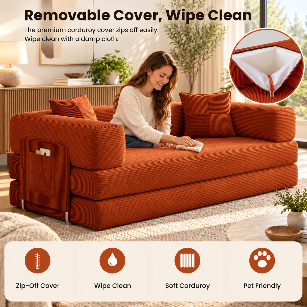 Removable zip-off corduroy cover; wipe clean with a damp cloth; soft and pet friendly