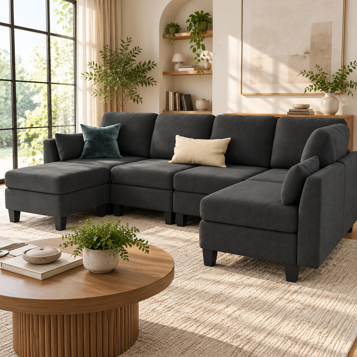 Dark grey modular sectional with ottoman in a sunlit living room