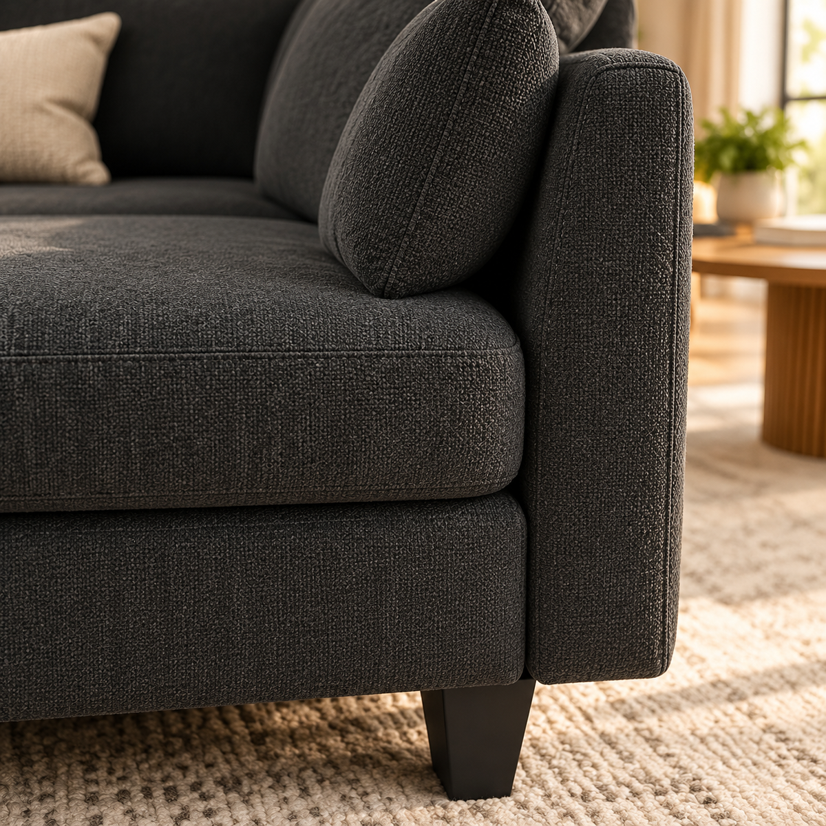 Close-up of textured dark grey linen-style fabric, cushion and black leg