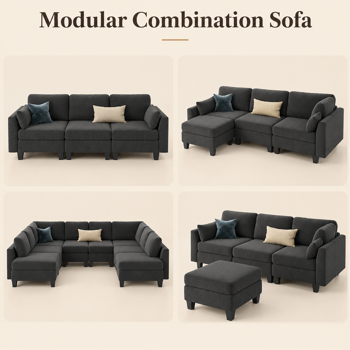 Modular layouts: 3-seat sofa, L-shape with ottoman, U-shape and sofa with separate ottoman