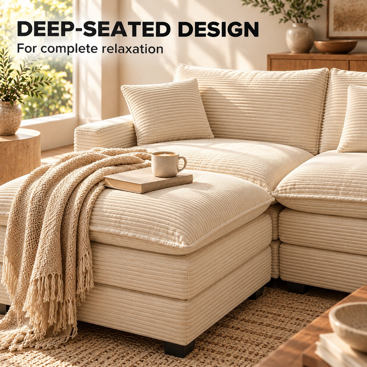 Deep-seated design with ottoman pushed against the sectional seat