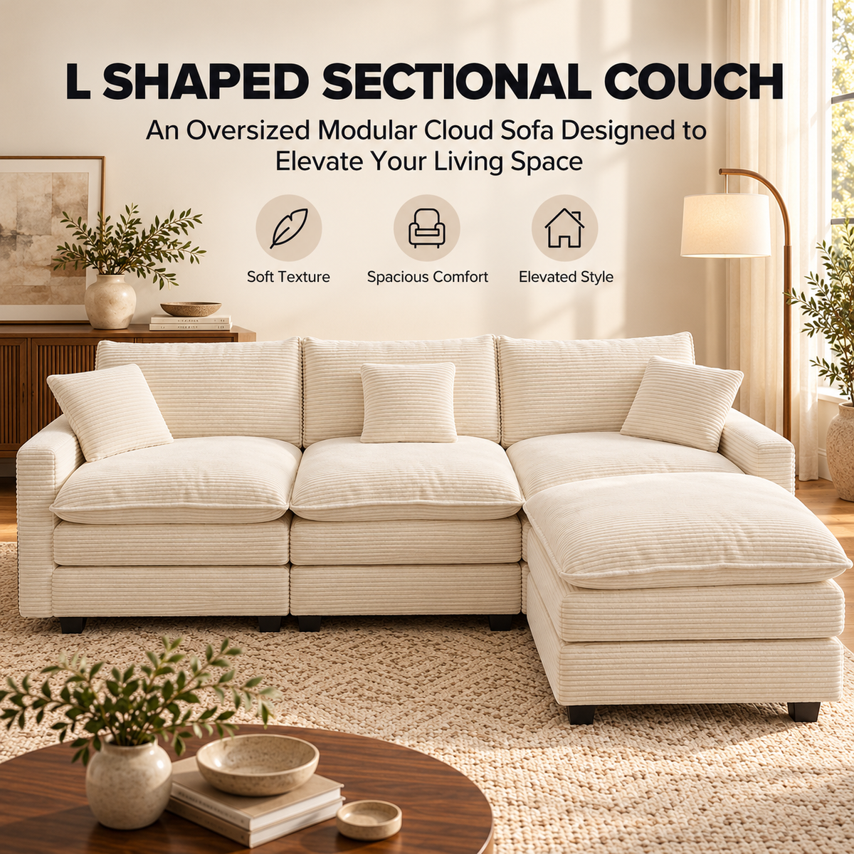 L-shaped modular cloud sectional couch in a bright living room