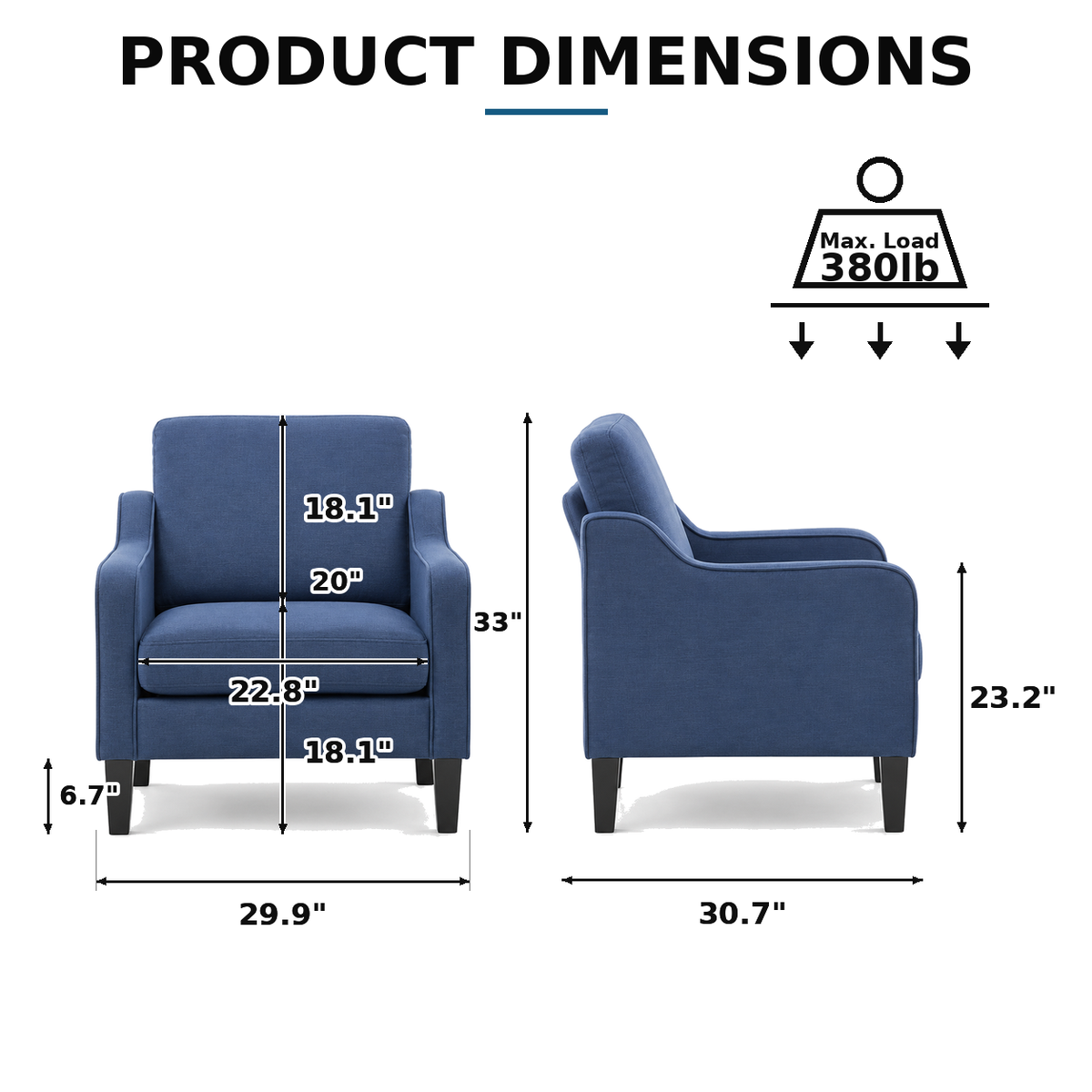 Product dimensions: 29.9 x 30.7 x 33 inch chair, 22.8 x 20 inch seat, 18.1 inch seat height, 380 lb max load