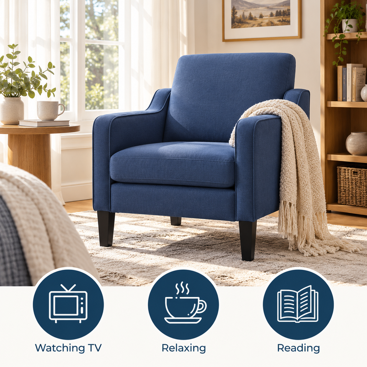 Navy accent chair with a throw blanket, ideal for watching TV, relaxing and reading