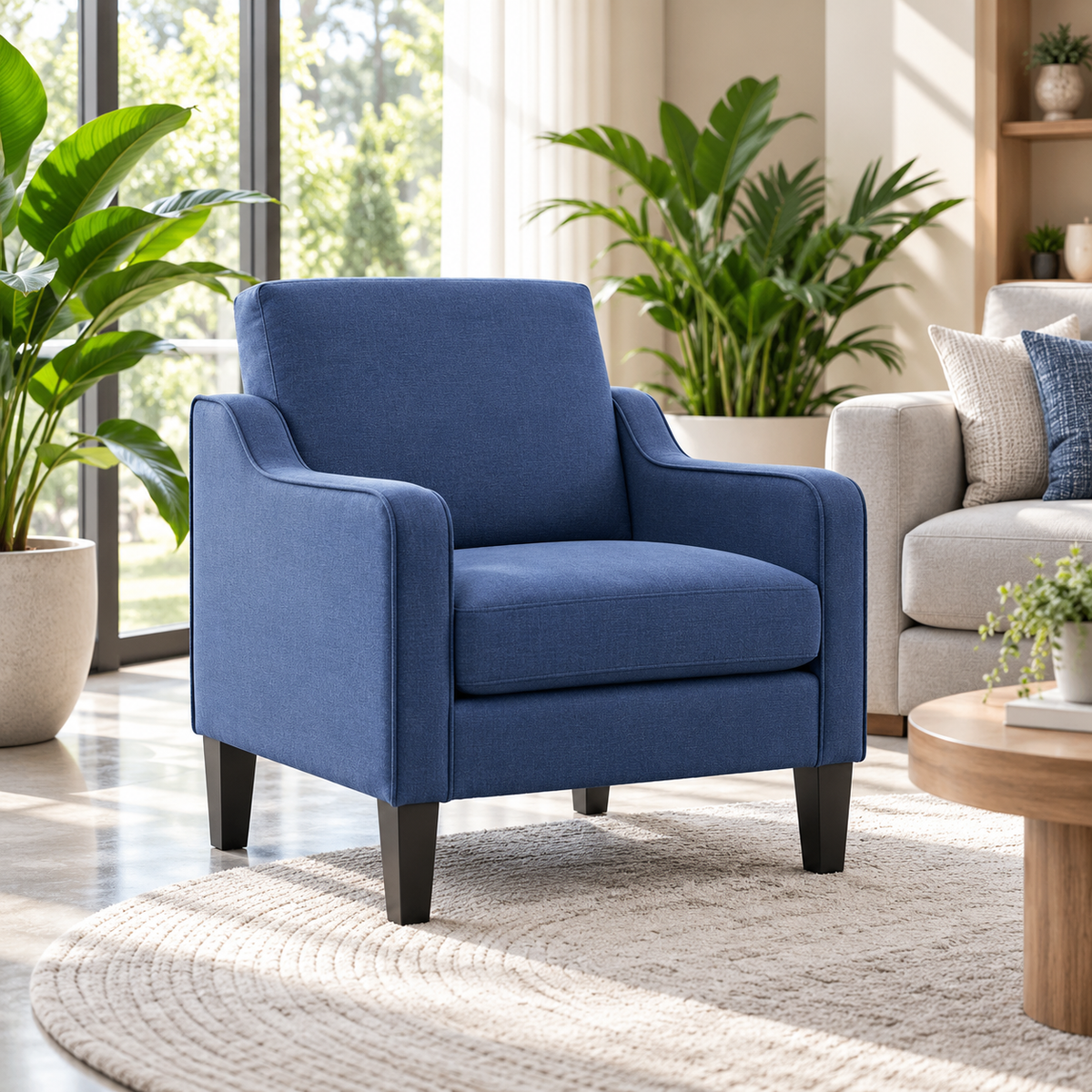 Angled view of the navy scooped arm chair in a bright living room with plants