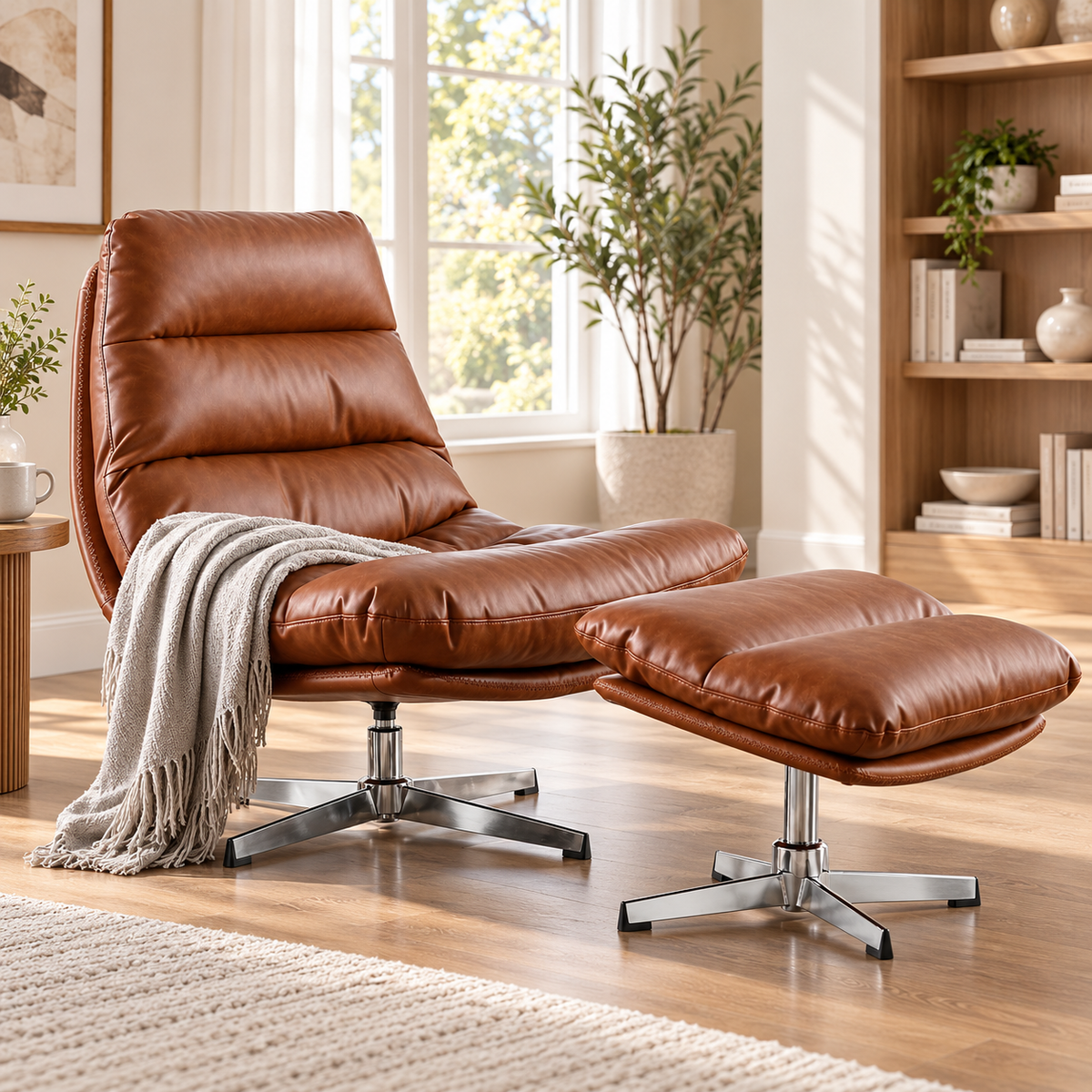 Cognac faux leather swivel lounge chair with matching ottoman and throw blanket in a living room