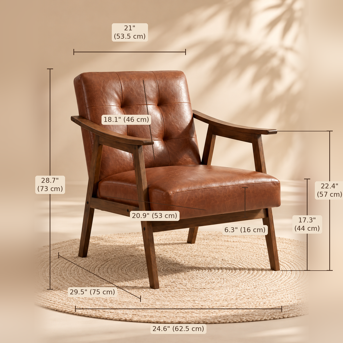Dimensions chart of the tufted armchair showing 24.6 inch width, 29.5 inch depth, 28.7 inch height and 17.3 inch seat height