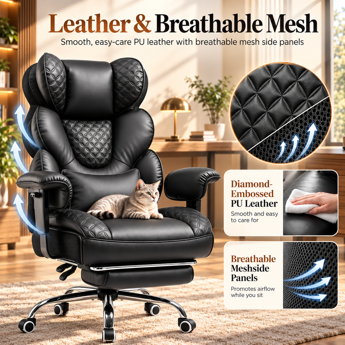 Embossed faux leather with breathable mesh side panels