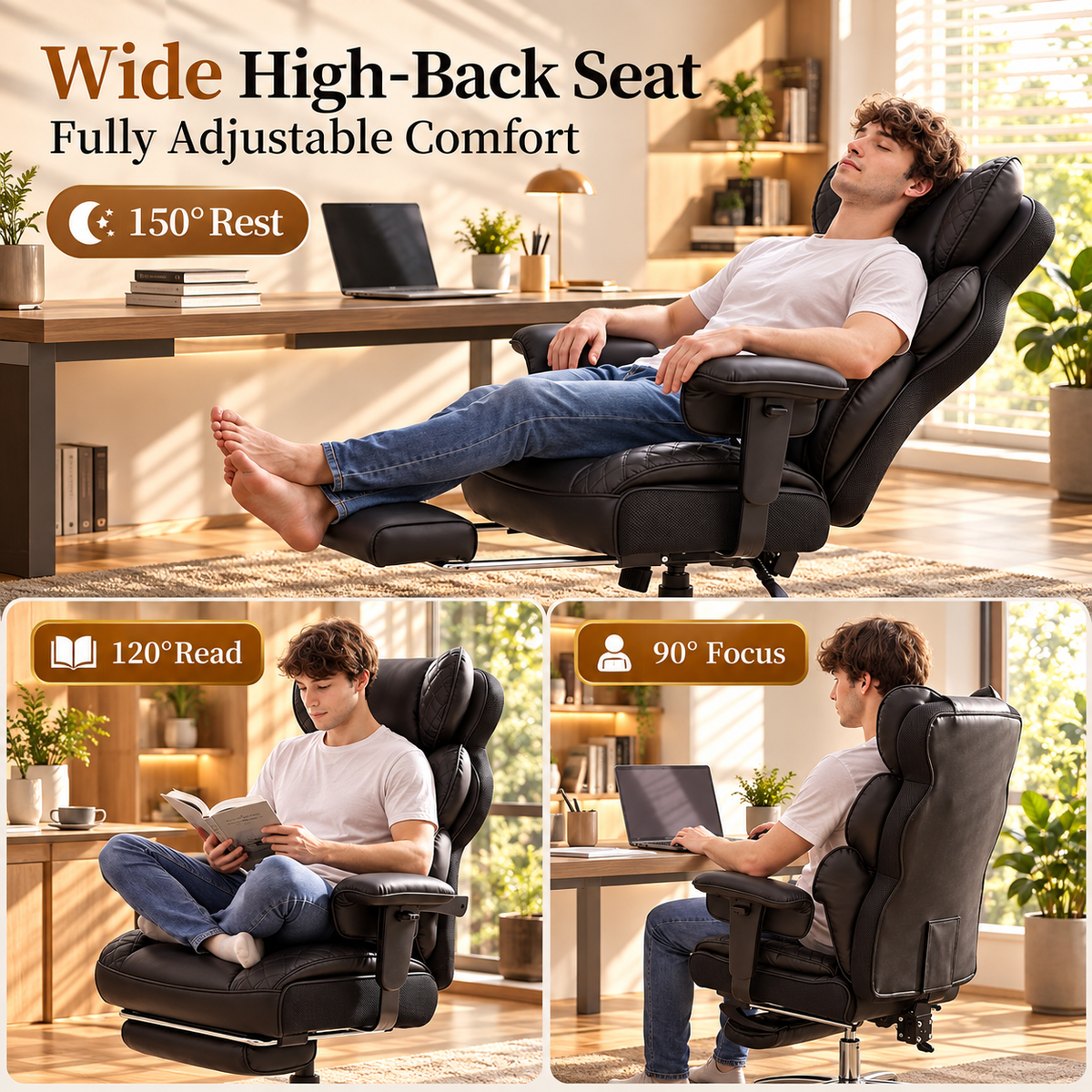 Wide high-back wingback chair with adjustable comfort features