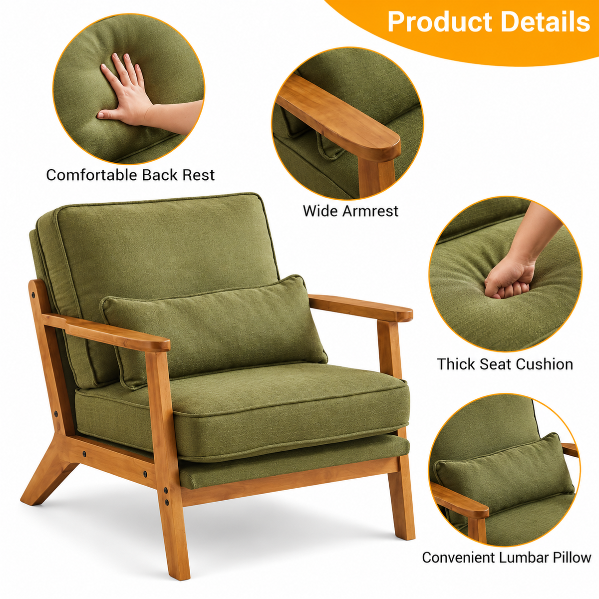 Product details of the olive green chair: comfortable back rest, wide armrest, thick seat cushion and lumbar pillow