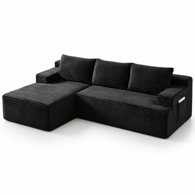 Black corduroy boneless cloud sectional sofa with left-facing chaise and side pocket