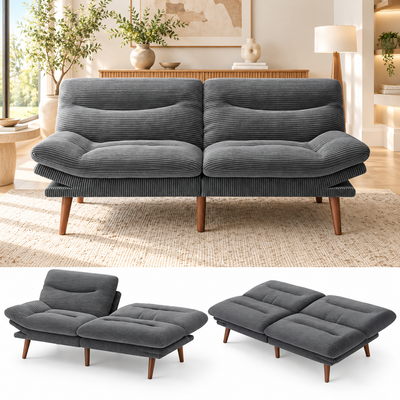 Gray corduroy convertible futon sofa bed with wood legs, shown upright, reclined and flat