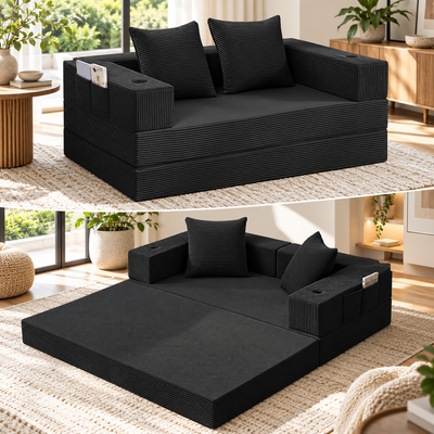 Low-profile black corduroy floor futon sofa shown in sofa mode and unfolded floor bed mode