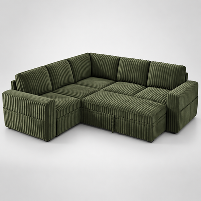 Green corduroy L-shaped sectional sleeper sofa with pull-out bed