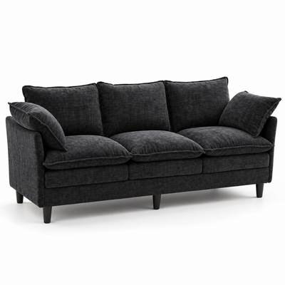 Charcoal black chenille 3-seat cloud sofa with deep cushions and tapered legs