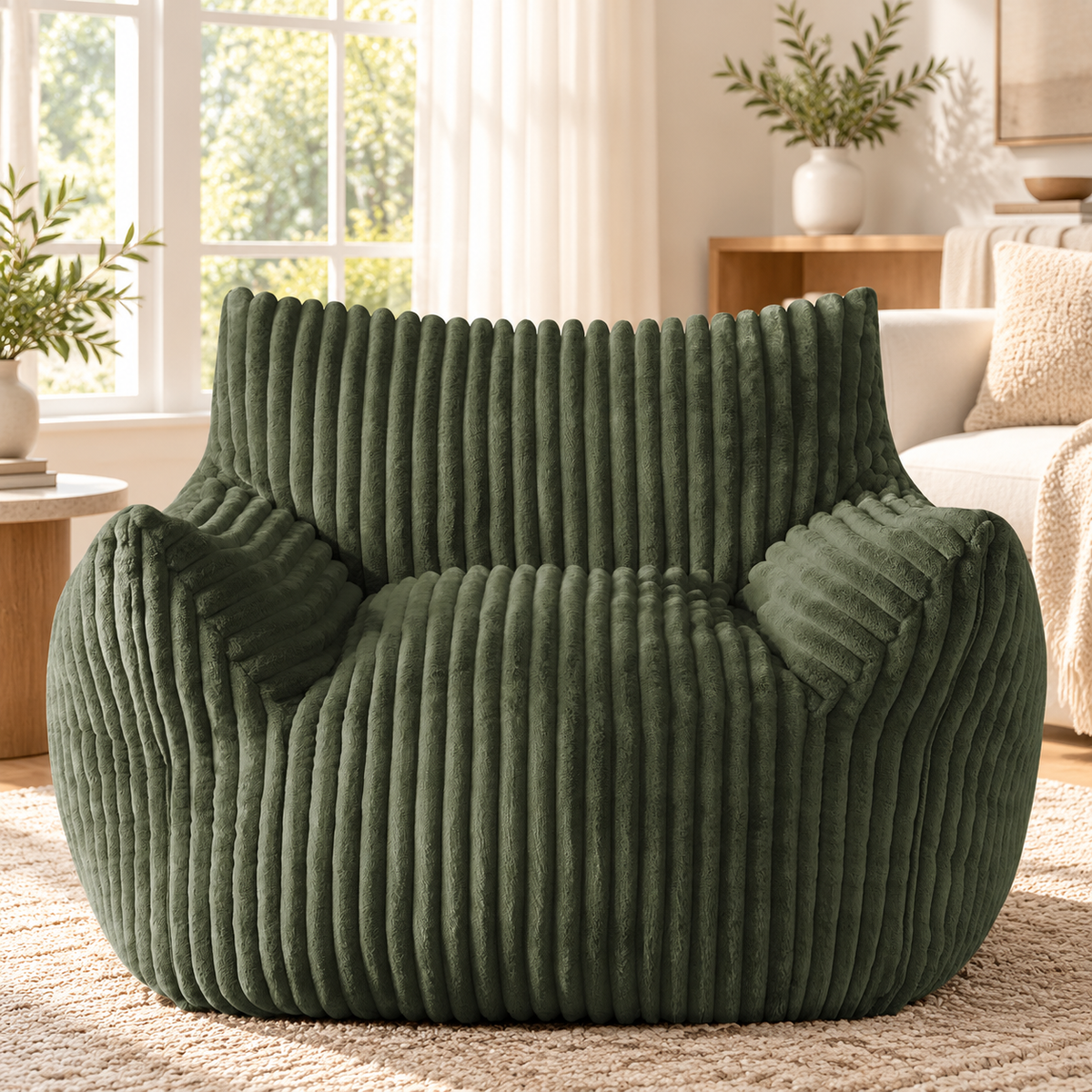 Giant olive green plush corduroy bean bag chair with armrests in a bright living room